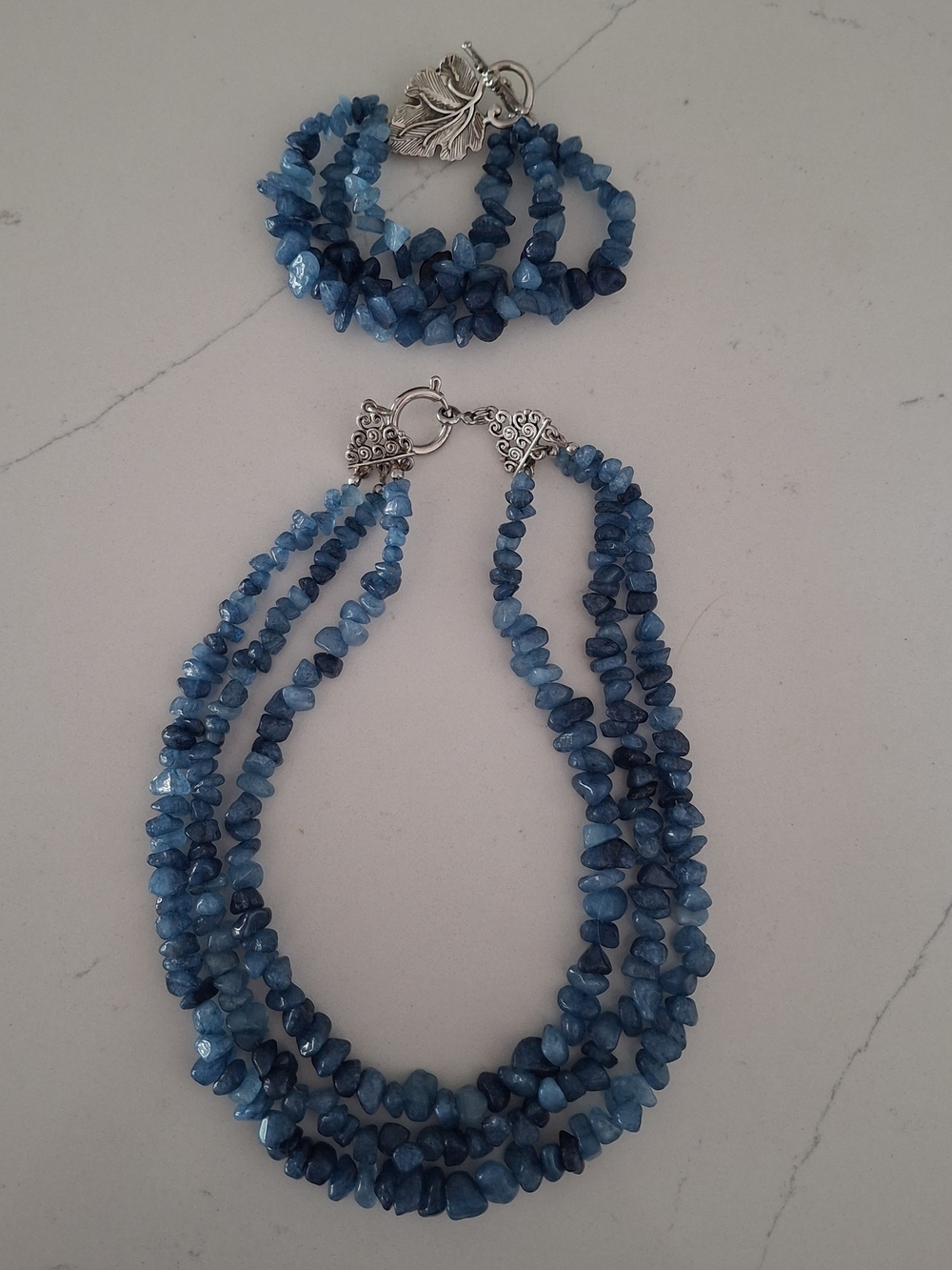 2-Pc Handcrafted Blue Aventurine Multi-Strand Necklace & Leaf Charm Bracelet